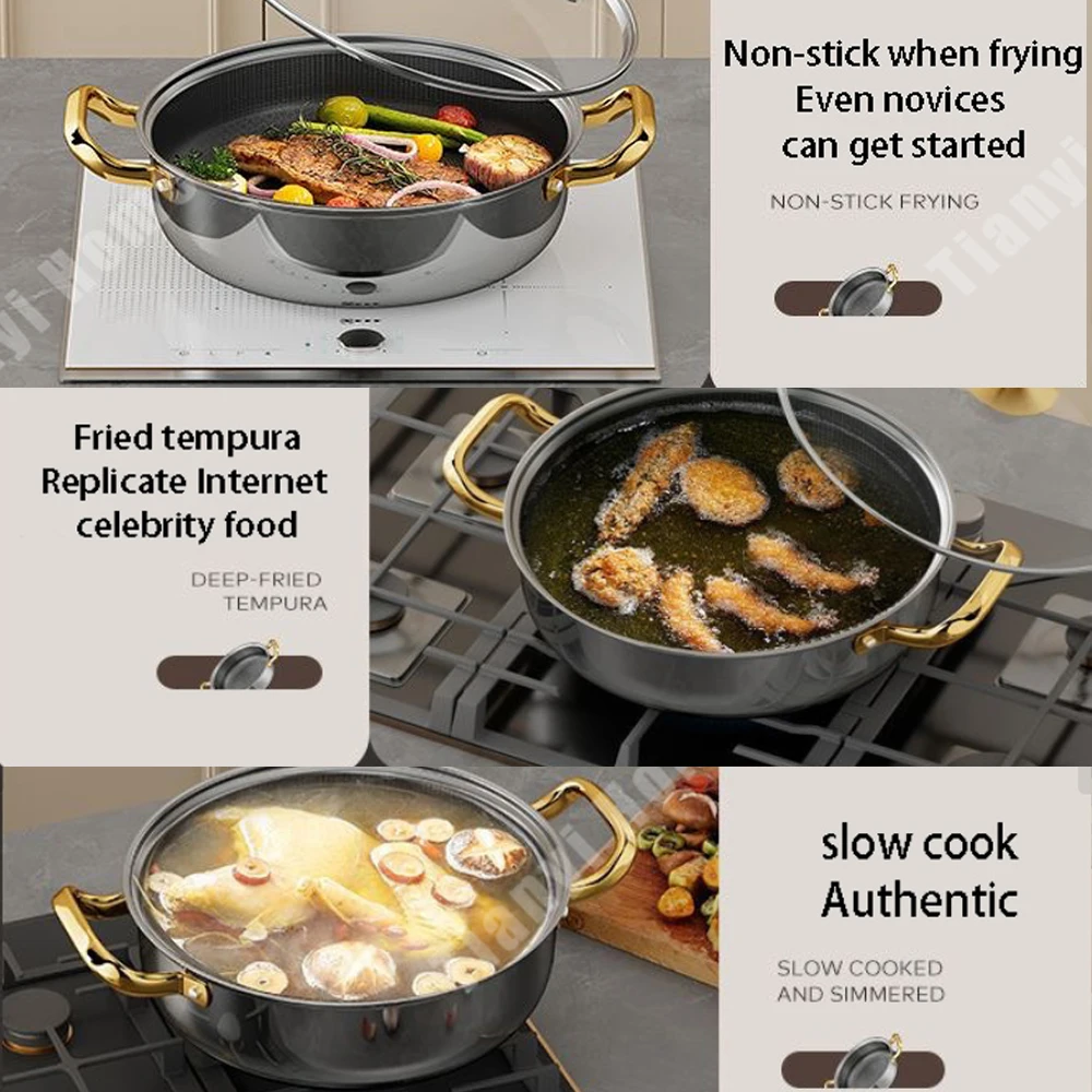 30cm Stainless Steel Soup Pot Frying Pan wok Non-stick Honeycomb with lid Household Hot Pot Induction Cooker Gas Stove Universal