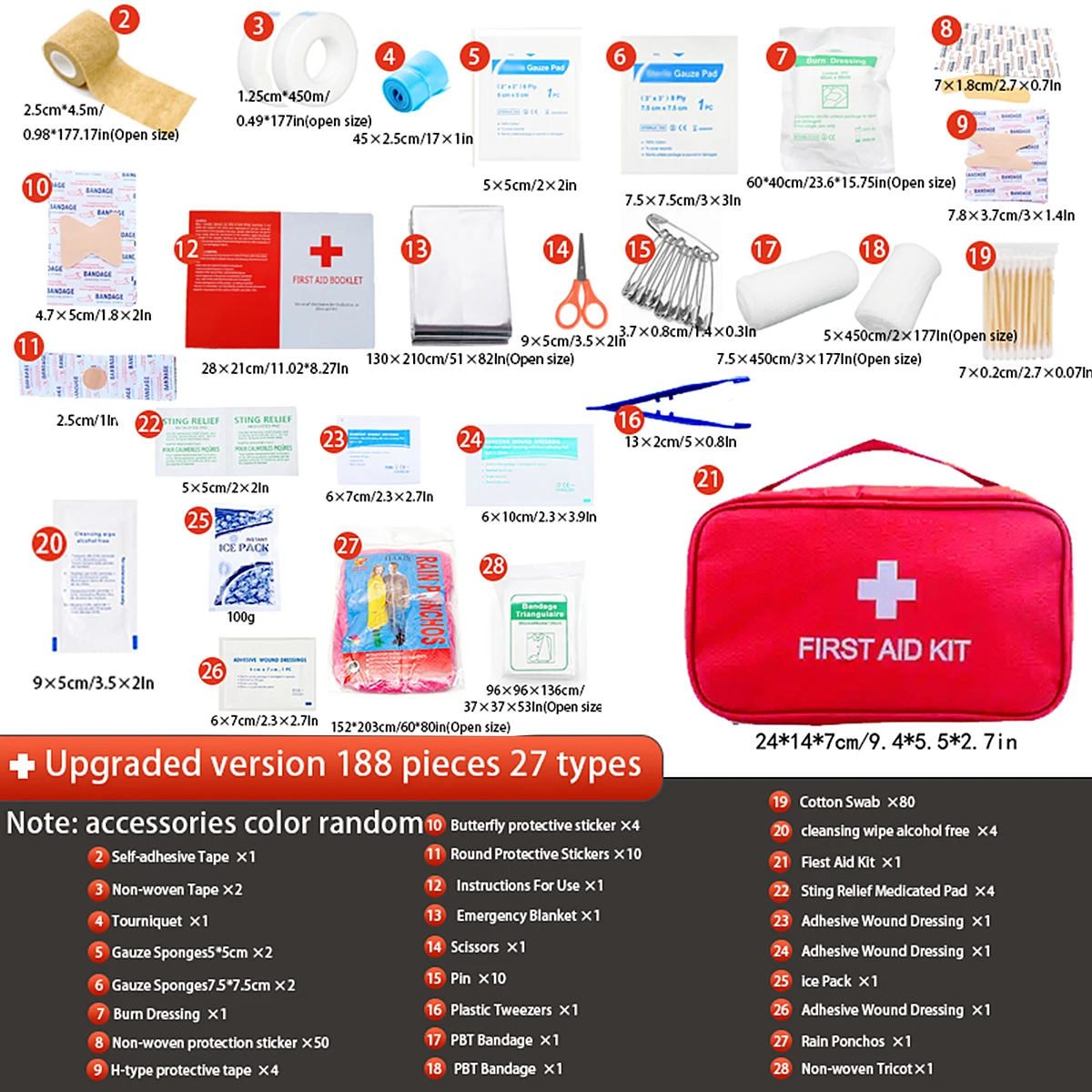 Portable emergency medical kit for families, outdoor trips, camping and mountain adventures - Campus ready (without medication)