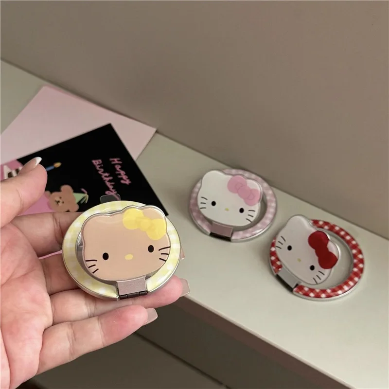 Anime Hello Kitty Ring Clasp Metal KT Cat Head Holder Cute Mobile Phone Support Love-shaped Portable Folding Cartoon Accessory