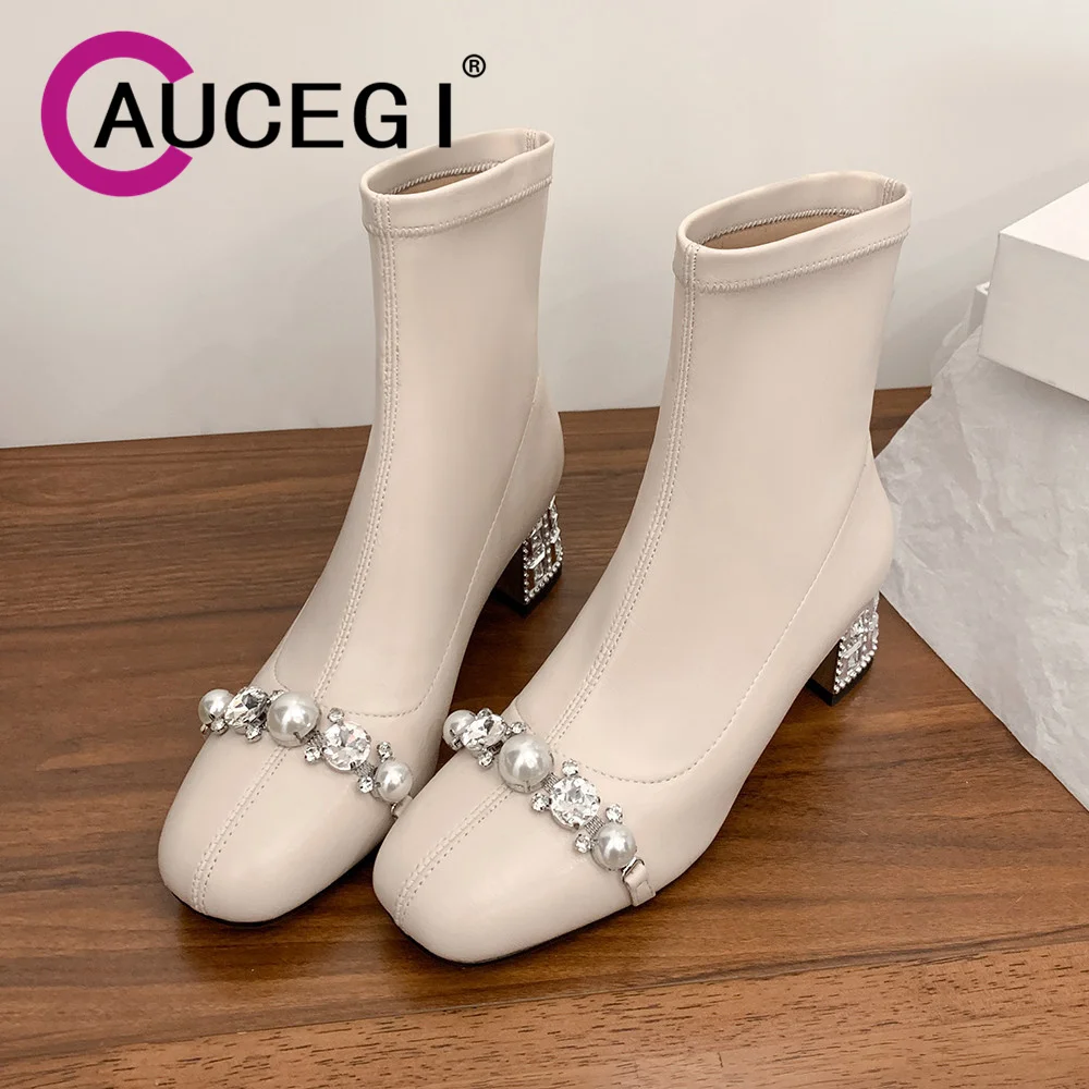 Aucegi New Arrival Autumn Winter Women Round Toe Ankle Boots Crytal Chunky Heels Pearl Rhinestone Chain Party Wedding Shoes