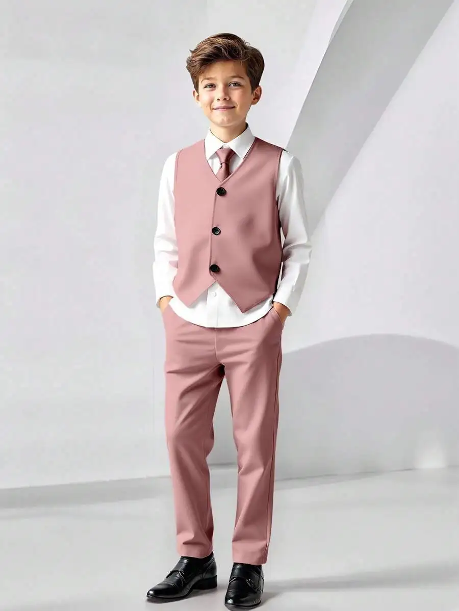 

Комплект из 3 предметов: формальный костюм для мальчиков (жилет, брюки и рубашка) цвета пыльной розы