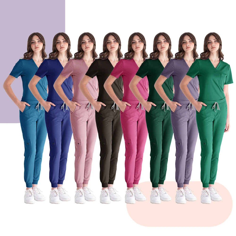 

Multicolour Jogger Suits Doctor Nursing Uniforms Short Sleeve V-neck Tops Pocket Pants Nurse Scrubs Set Medical Clinical Clothes