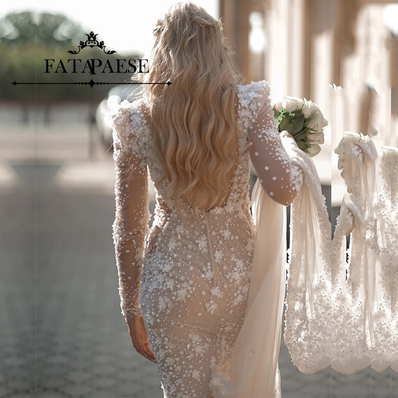 FATAPAESE Customized Fairy Princess Wedding Dress V-neck Long Illusion Sleeve Floral Lace Bodice Button Seam Back Mermaid Gown