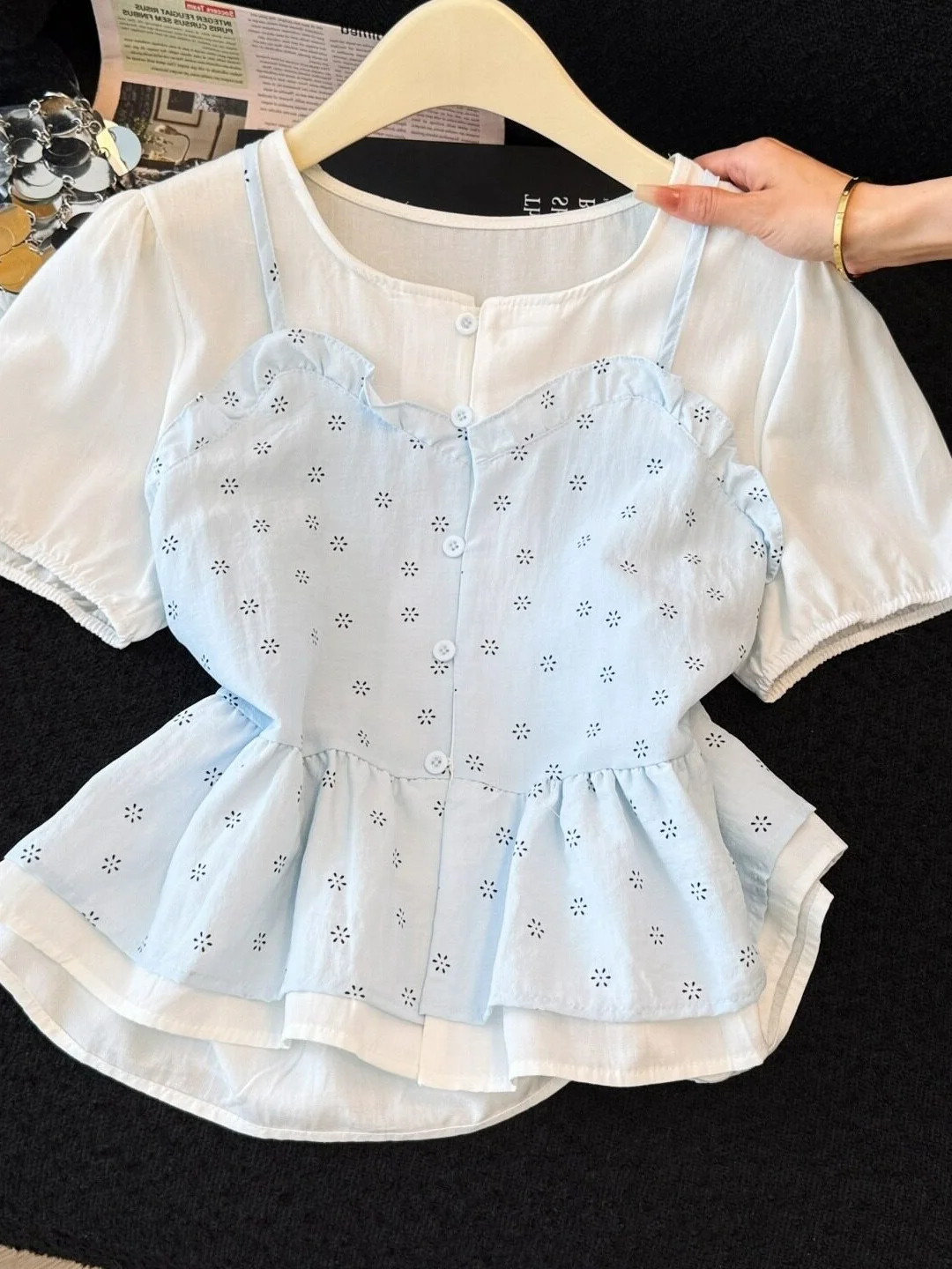 

Floral Print Halter Short Sleeve Shirt Women's Fashion Design Slimming Top French Style Regular Fit Polyester Fiber Summer Ne...