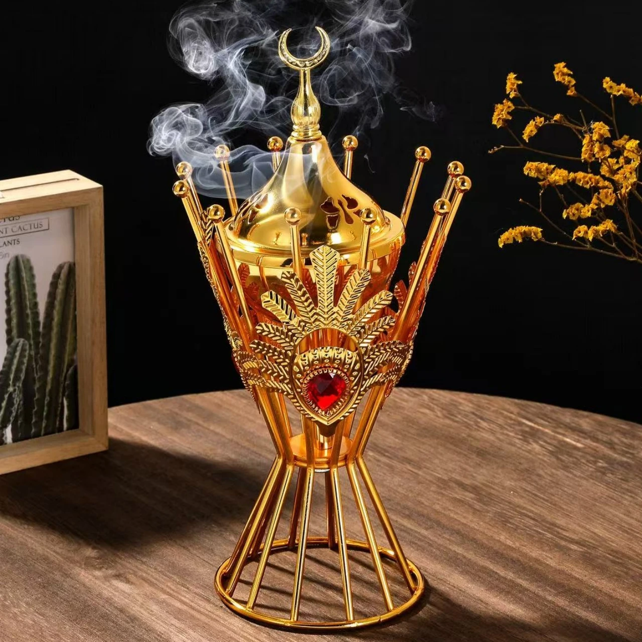 

Middle Eastern Golden Aromatherapy Incense Burner,Inlaid Gem Metal Arabian Living Room Incense Burner Holder Home Decorative