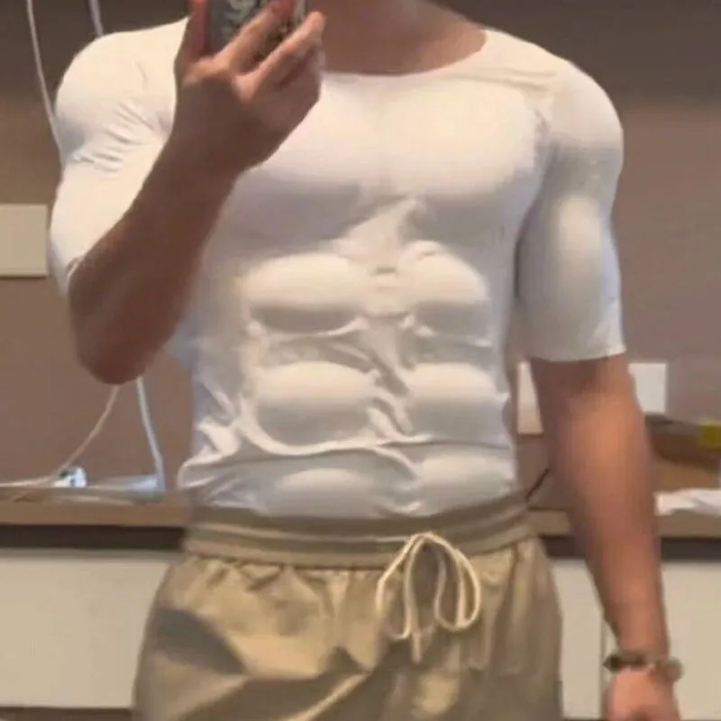 Men's Fake Muscle T-Shirt, Invisible Simulation Padded Chest & Abs Top, Body Shaping Underwear, Cosplay Base Layer Shirt