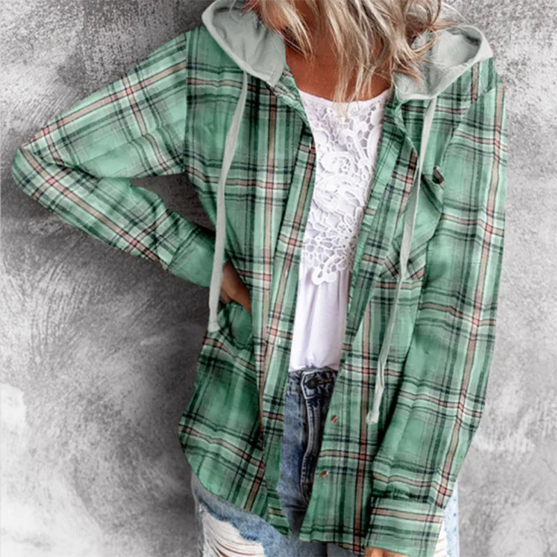 

Autumn and winter new hoodie breasted temperament casual shirt coat loose long-sleeved plaid cardigan