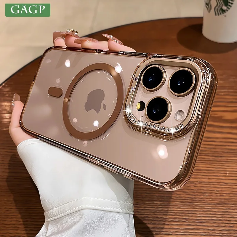 حافظة لهاتف آيفون 16 برو ماكس ذهبية شفافة Magsafe لهاتف آيفون 16 بلس 15 برو ماكس بلينغ الماس حماية العدسة غطاء مقاوم للصدمات