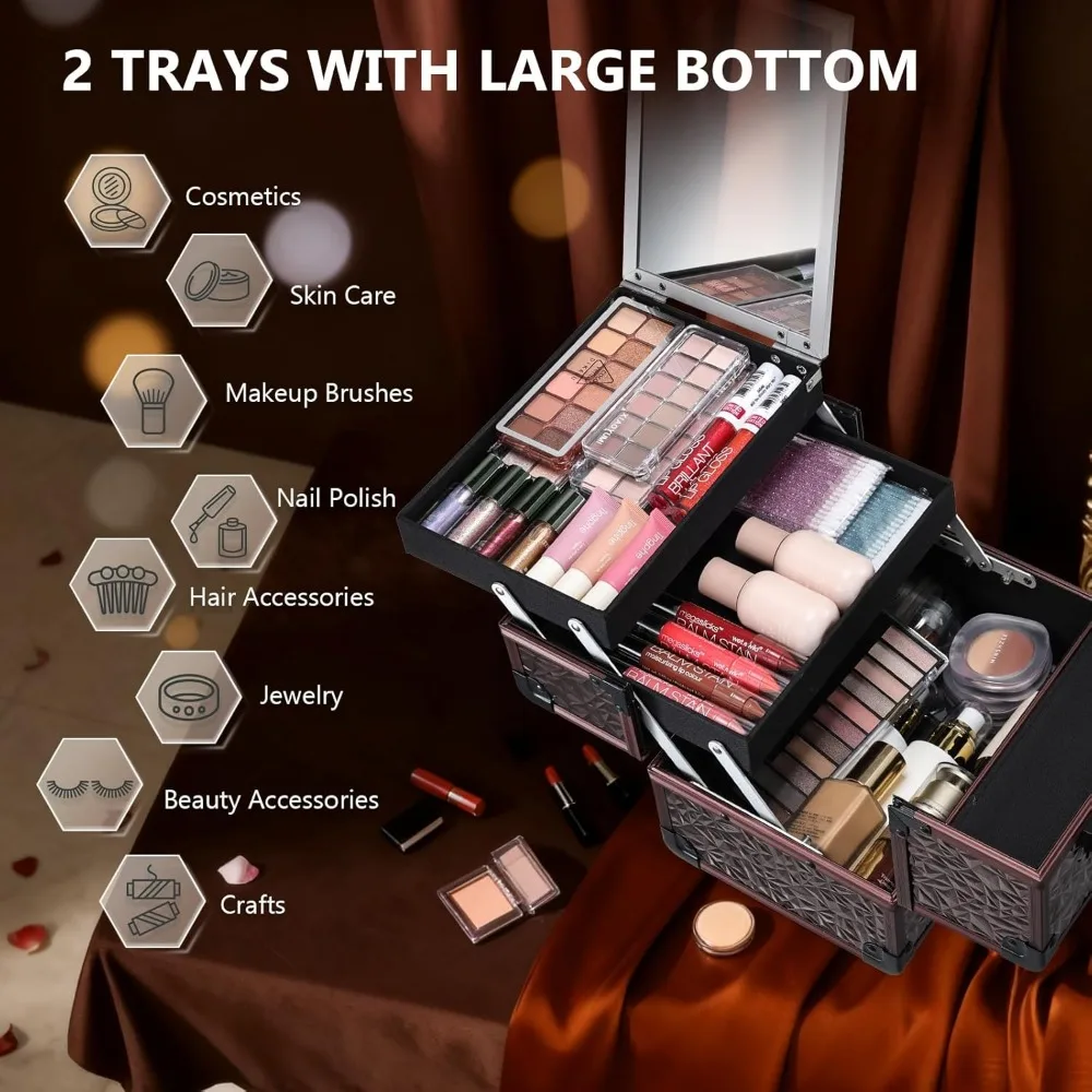 Portable Makeup Case with Mirror and Lock, 2-Tray Organizer for Travel, Dark Brown Cosmetic Storage Box