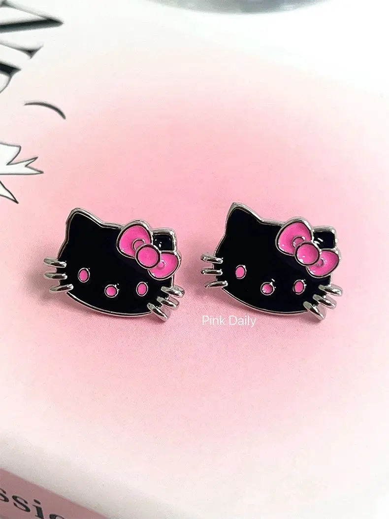 Kawaii Hello Kitty Earrings Girl Black Leather Y2k Earring No Pierced Ears Ear Clip Creativity Decorate Girl Accessories Jewelry