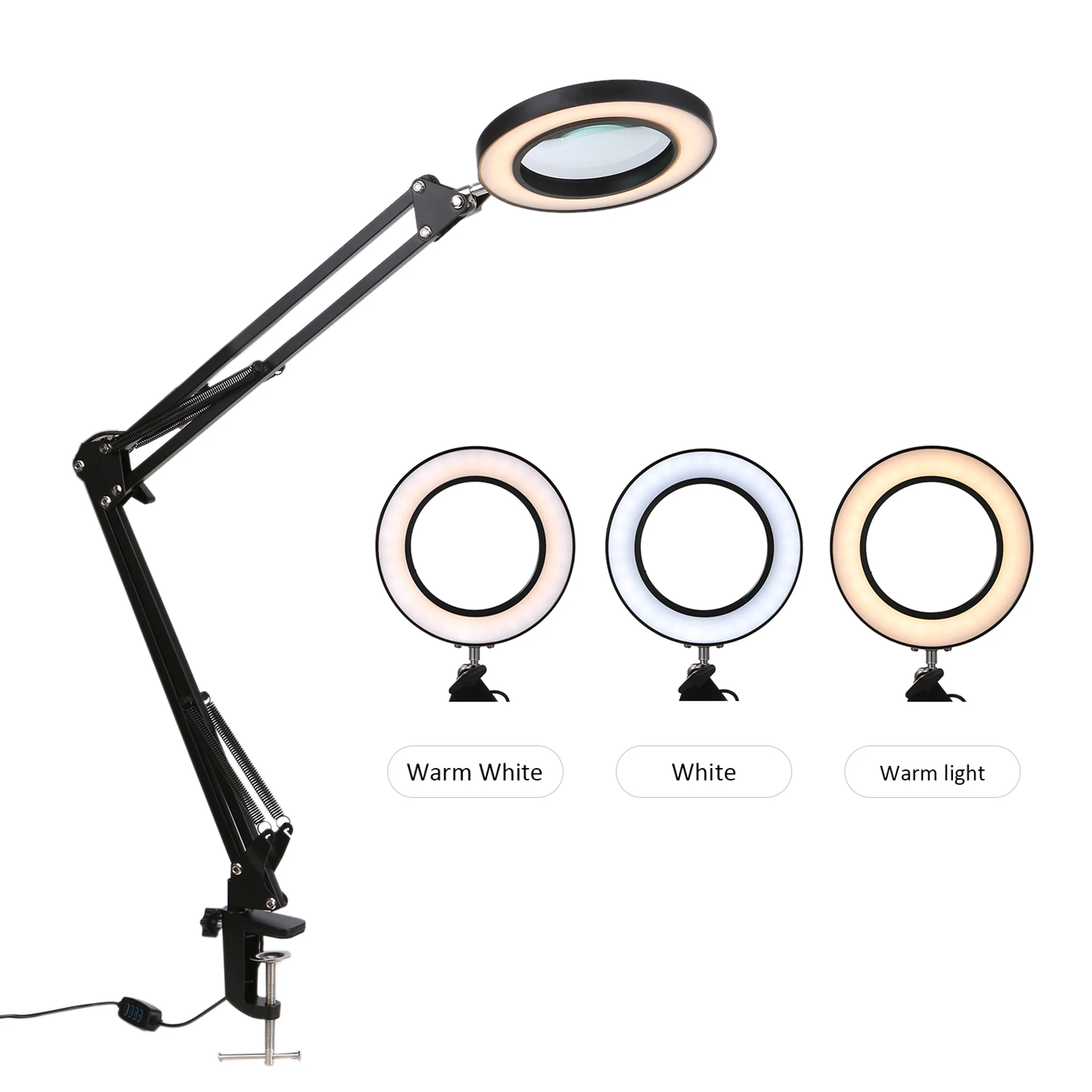 Magnifying Glass Magnifier with LEDs Clamp Clip Light 8X 10 Levels Dimmable 3 Colors Temperature Changing Desk Lamp