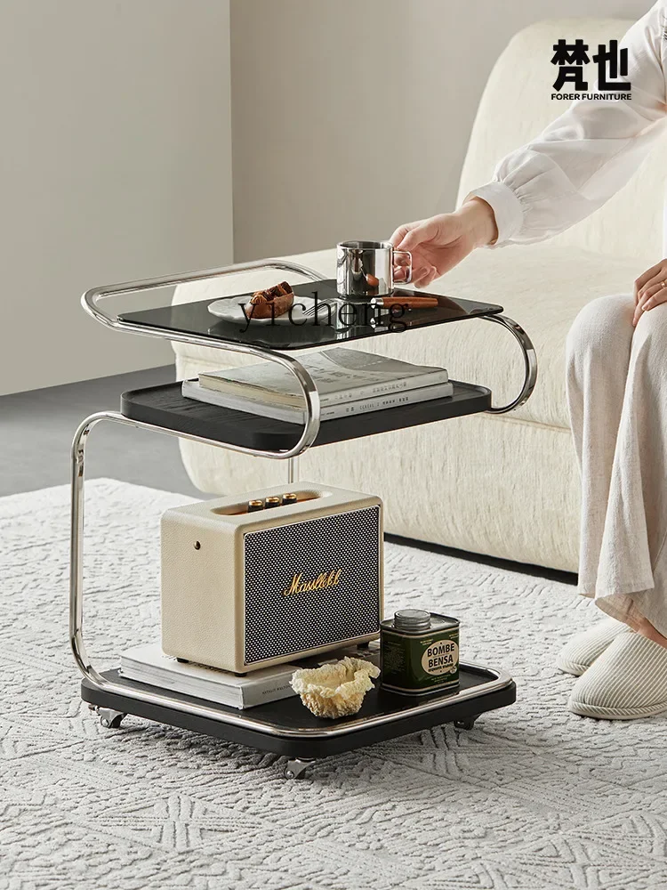 TQH movable square glass coffee table trolley with wheels living room bedside sofa corner table