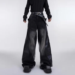Men Jeans Pu Leather Stitching Contrast Color Casual Pants Streetwear Fashion Youth Campus Wide Leg Pant Men'S Clothing 2025 New