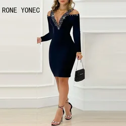 Kobiety Sexy eleganckie głębokie dekolt w serek dekoracje cyrkonią Off ramię długie rękawy małe sukienki Mini Silt Bodycon