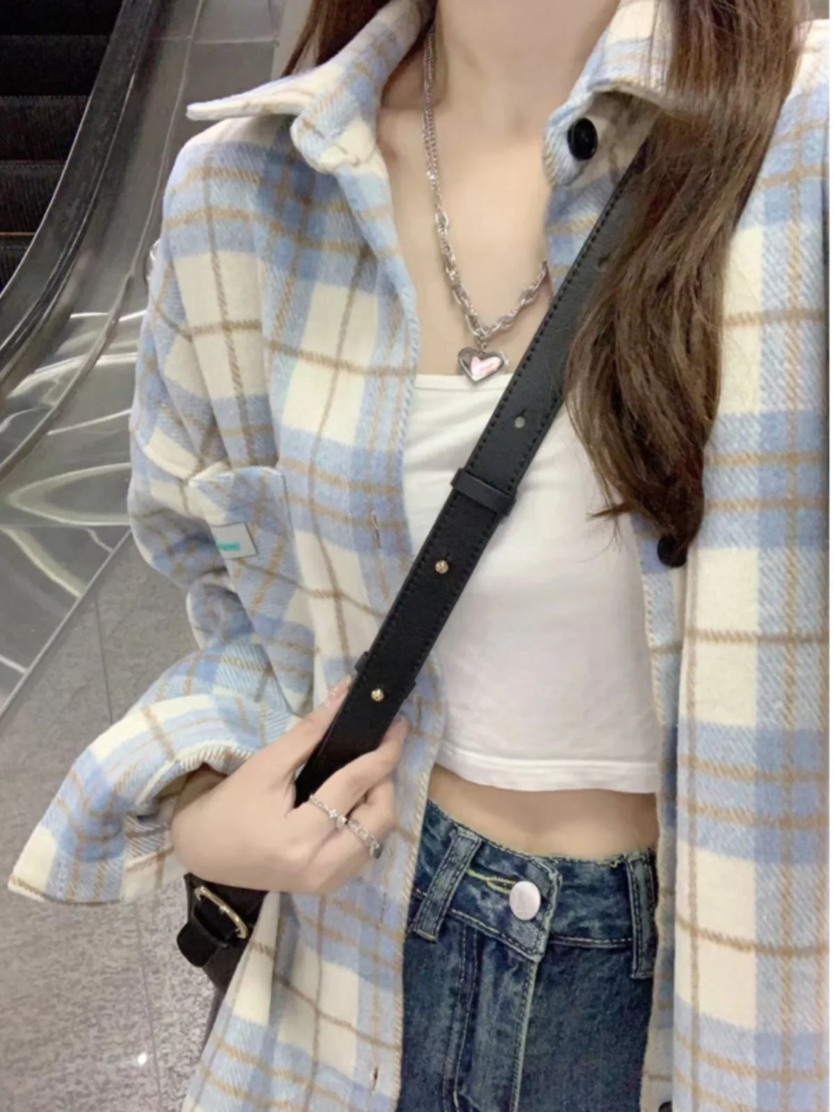 

Loose Thickened Blue Plaid Shirt Women's Autumn Outerwear Handkerchief Store Retro Hong Kong Style Collar Button Detail