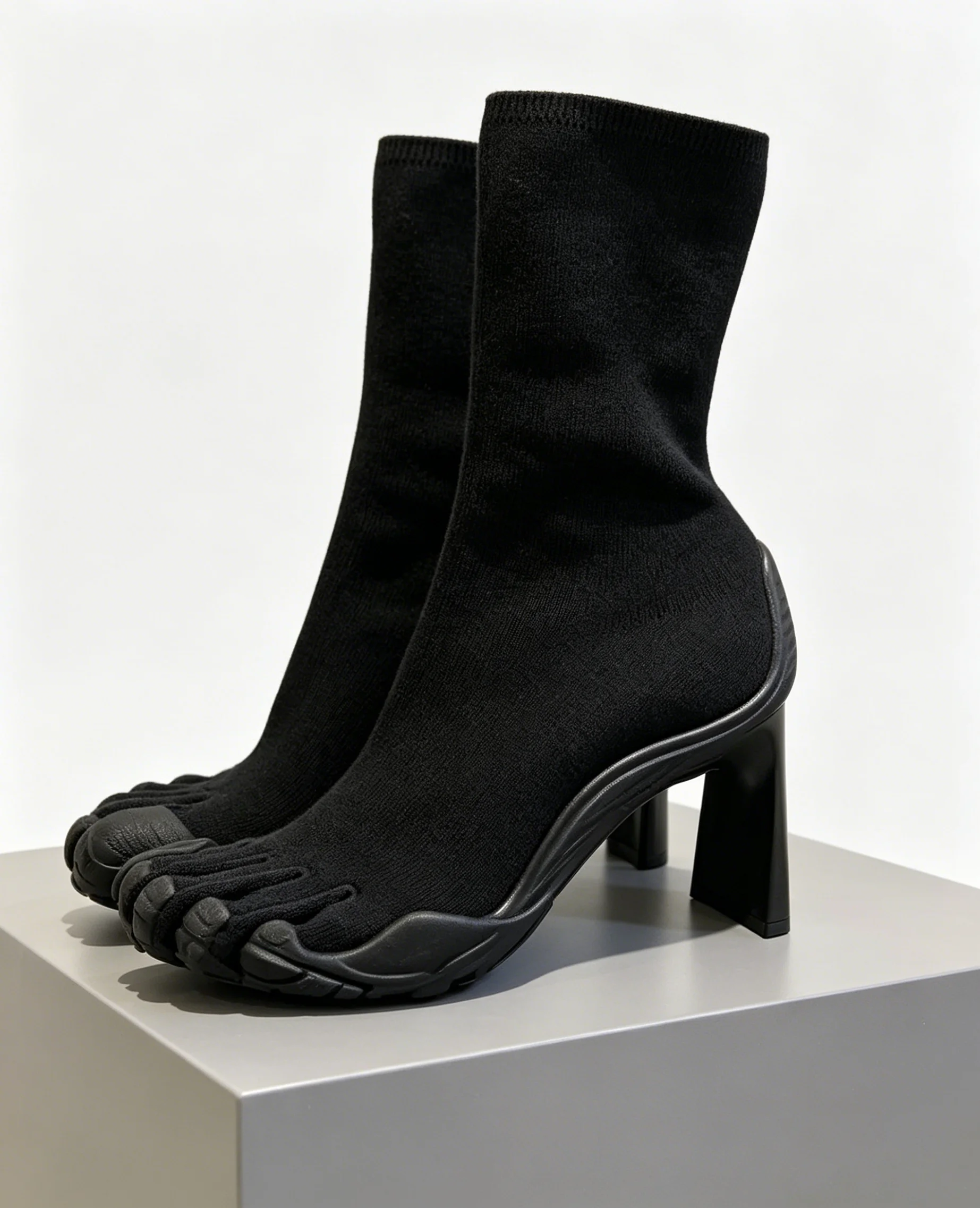 Women Luxury Futuristic Knit Sock Boots Black Chunky Heel Split Toe Design Stretch Ankle Boots Runway Fashion Evening Footwear - view 5