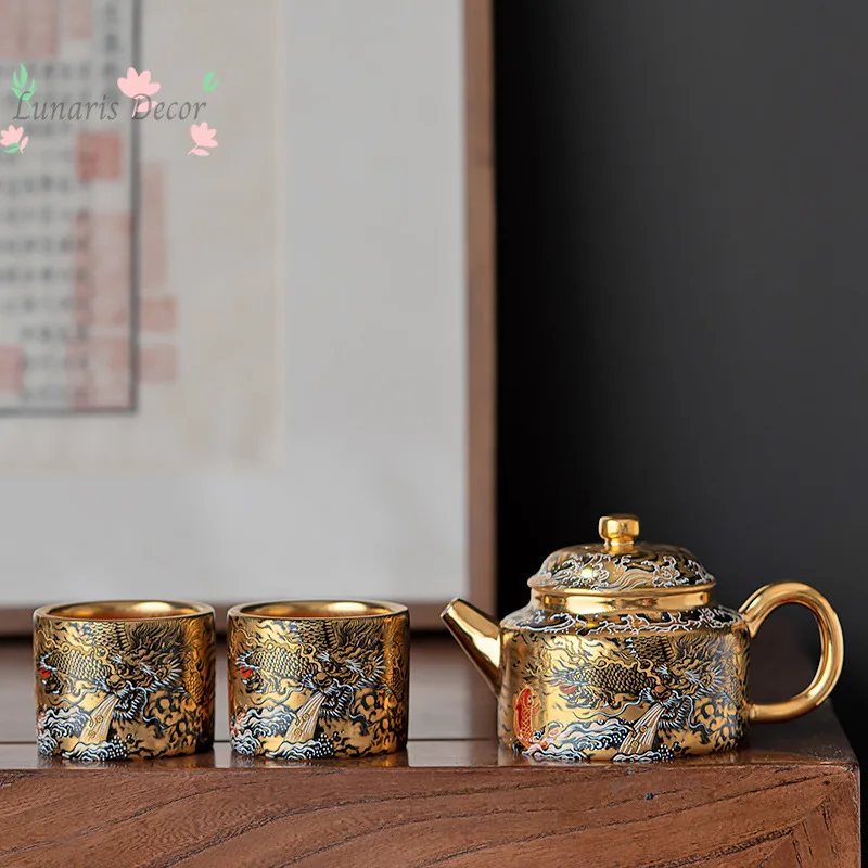 Gilt ink dragon teapot set with two cups - premium gift for friends and elders, perfect for birthdays