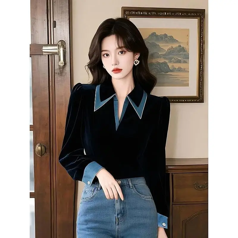 

Осень 2023, новинка, темпераментная лоскутная блузка с отложным воротником и длинными рукавами, женские элегантные простые рубашки с v-образным вырезом, женская одежда