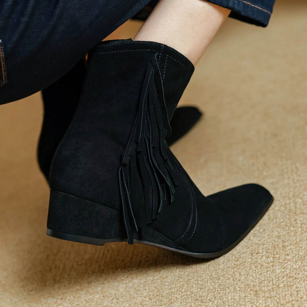 

Women's natural suede leather square toe fringe decoration side zip autumn ankle boots 4cm wedge med heel casual short booties