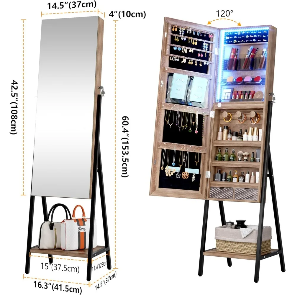 Armário de joias com espelho de 3 LEDs, espelho de joias de 42,5" com espelho de comprimento total, armário de espelho de joias em pé