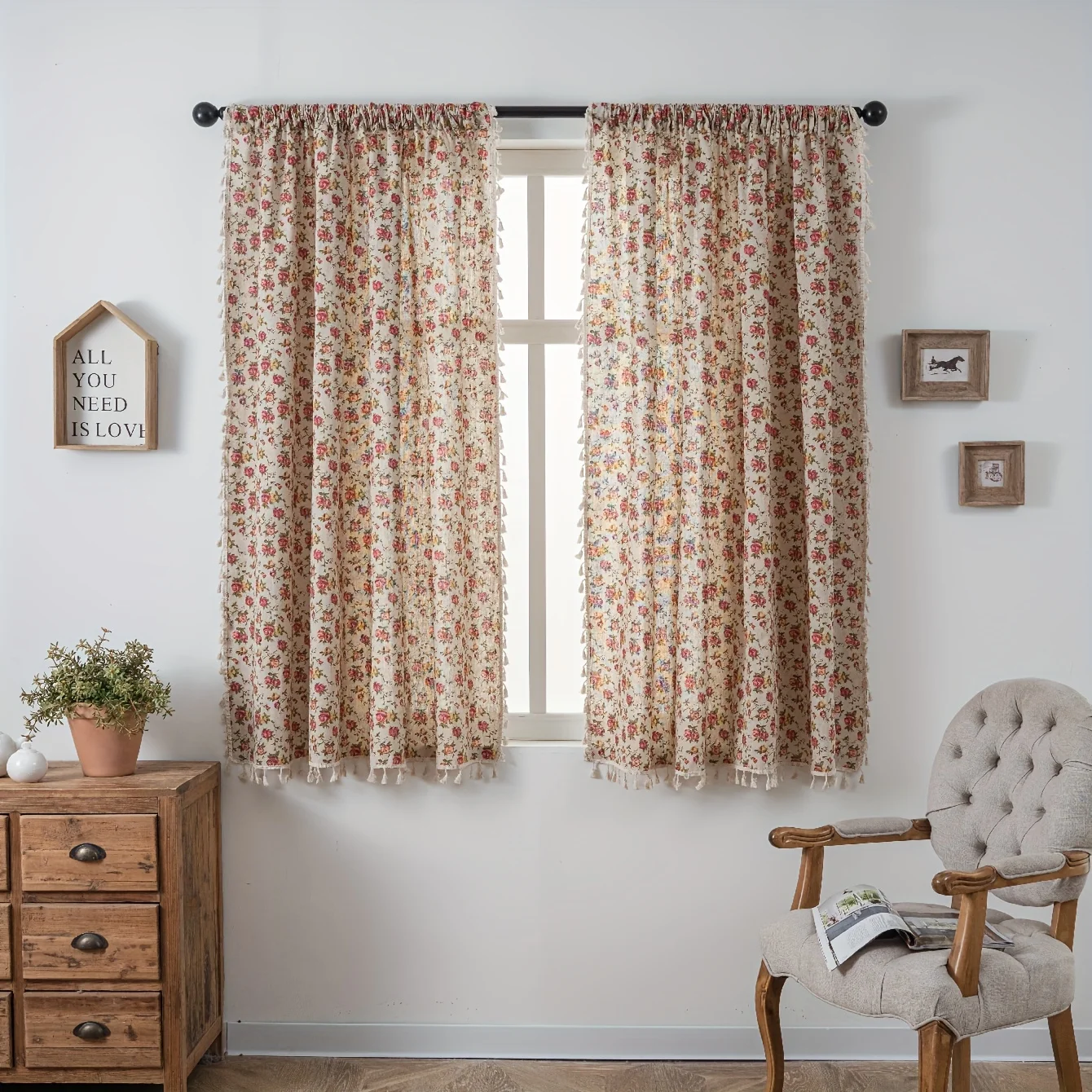 

1PC rose print decorative curtains, bohemian with beige tassel shading decorative curtains