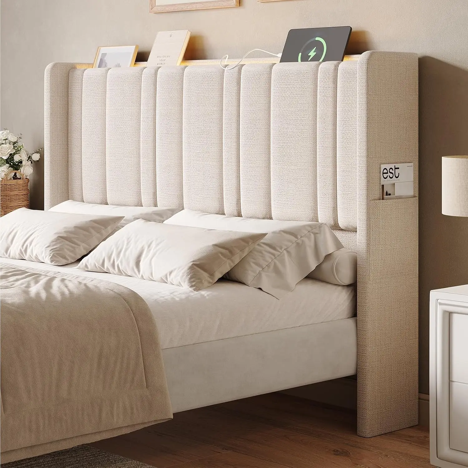 Queen Size Headboard with LED Light & Charging Station, Off White Linen | Wingback Upholstered Headboard Queen, Vertical Channel