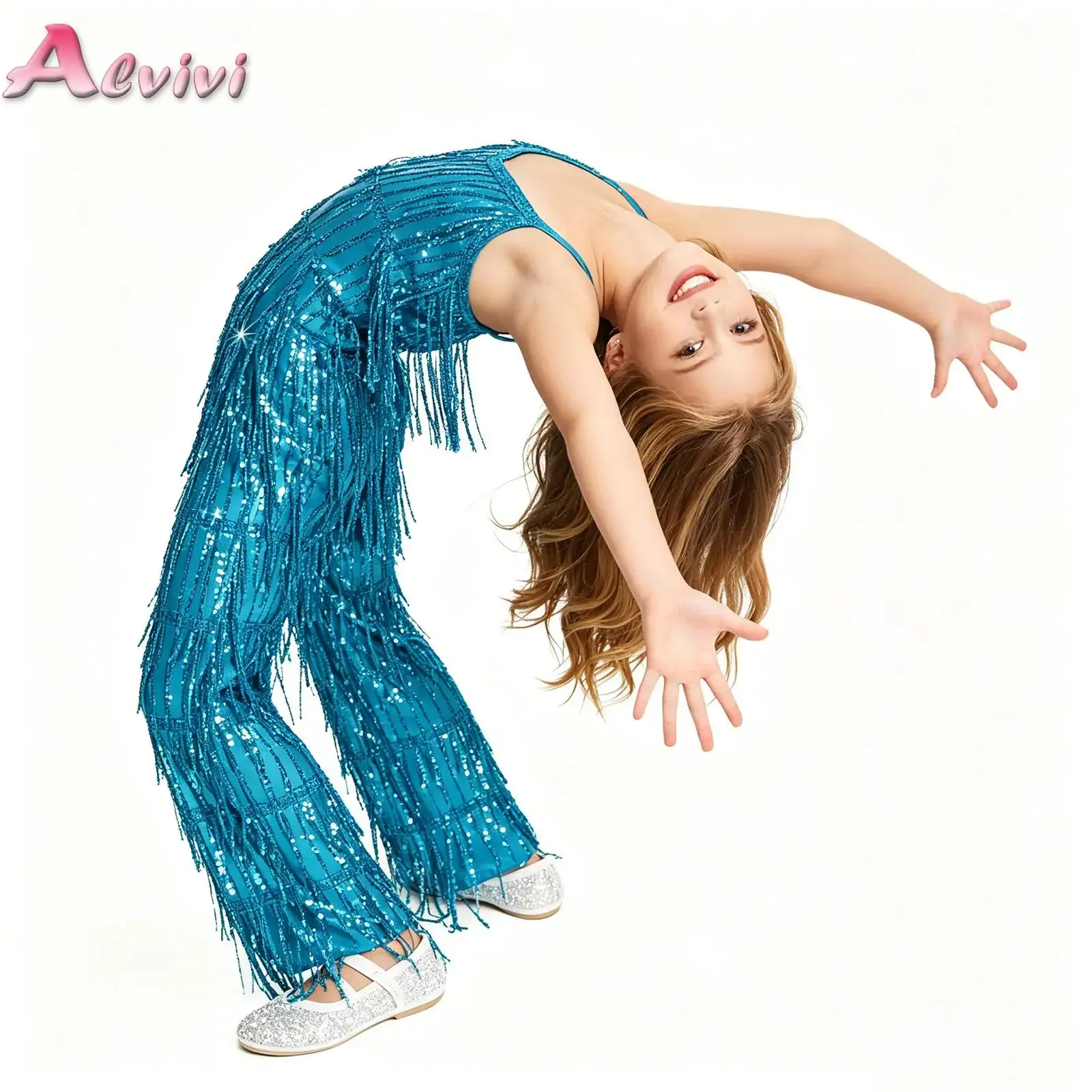 

Girls Multi-layer Sequin Tassels Sleeveless Long Pants Jumpsuit Disco Latin Jazz Dance One Piece Unitards Performance Costume