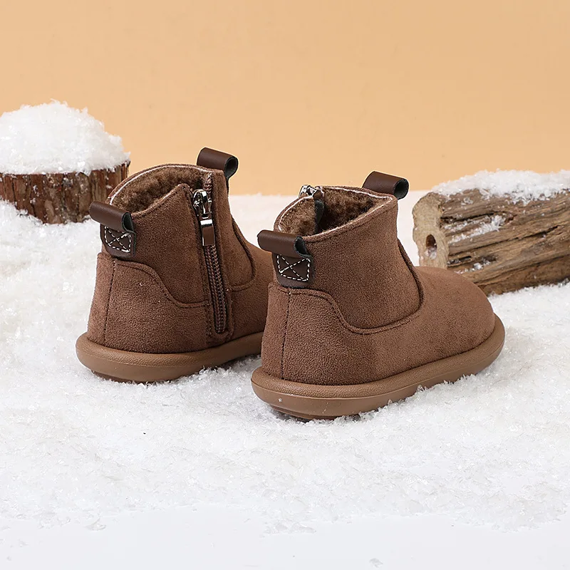 

Children Winter Girls Add Velvet Keep Warm British Style Boots Versatile Boy Side Zippers Suede Cotton Boots Neutral Solid Color