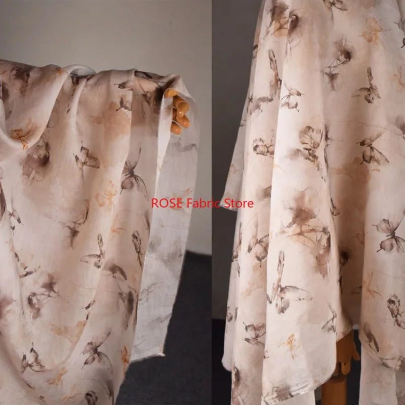 Chinese Style Butterfly Print High Grade Chiffon Fabric for Spring Summer Cheongsam Hanfu Dress By The Meter