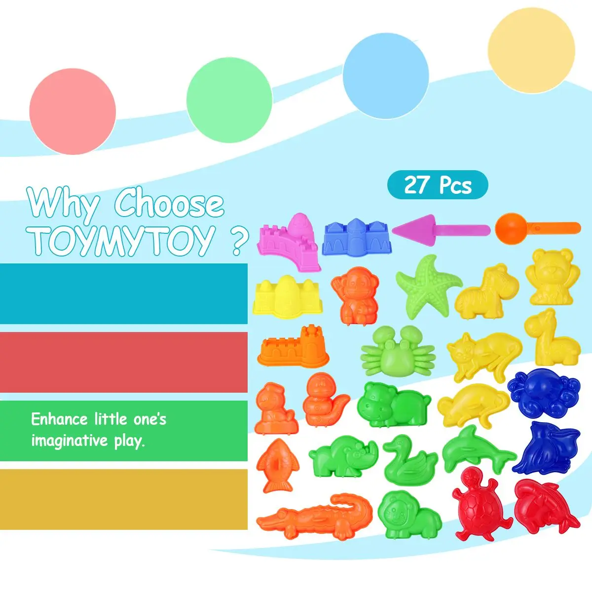 

TOYMYTOY 27PCS Sand Molding Toys Kid's Summer Beach Toys Sand Play Set with Castle Animal Sand Molds and Tools (Random Color)
