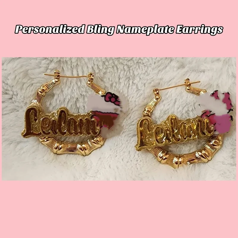 Personalized Bling Nameplate Bamboo Hoop Earrings Customizable Jewelry for Women Fashionable Custom Nameplate Ear Jewelry