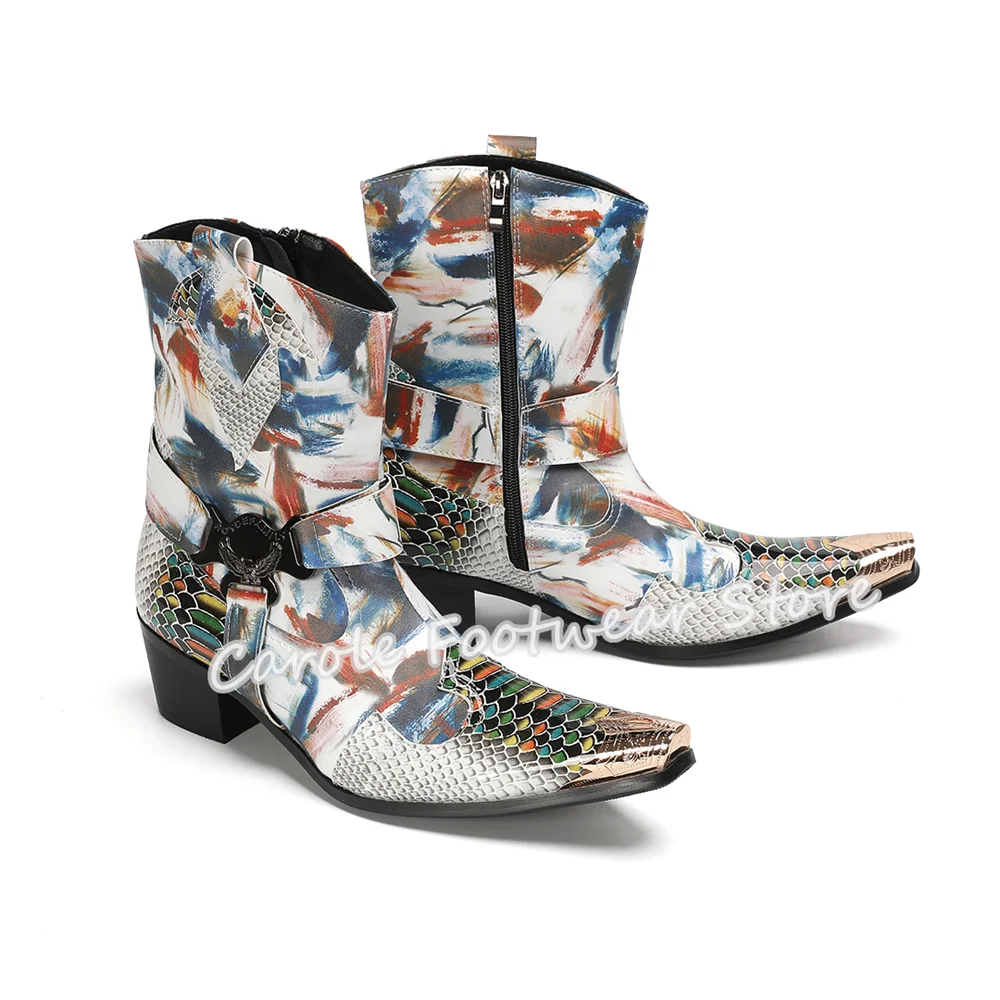 

Male Snakeskin Pattern Leather Belt Buckle Chelsea Boots Metal Pointed Toe Chunky Heel High Top Boots Men's Party Dress Shoes