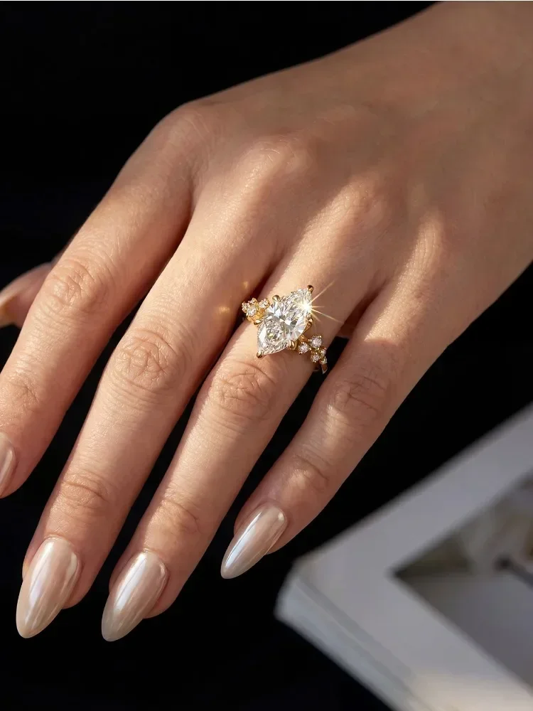 Klassischer, eleganter 2CT Spitzen-Marquise-Moissanit-Ring für Damen, 925er Sterlingsilber, Verlobungsring, luxuriöser, hochwertiger, edler Schmuck – Detail 3