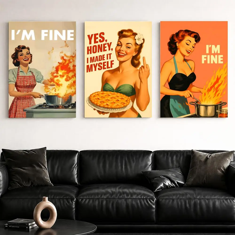 Retro Woman Cooking Framed Wall Painting Ready to Hang Canvas Poster Wall Art for Bedroom Living Room Hallway Home Decor Gift
