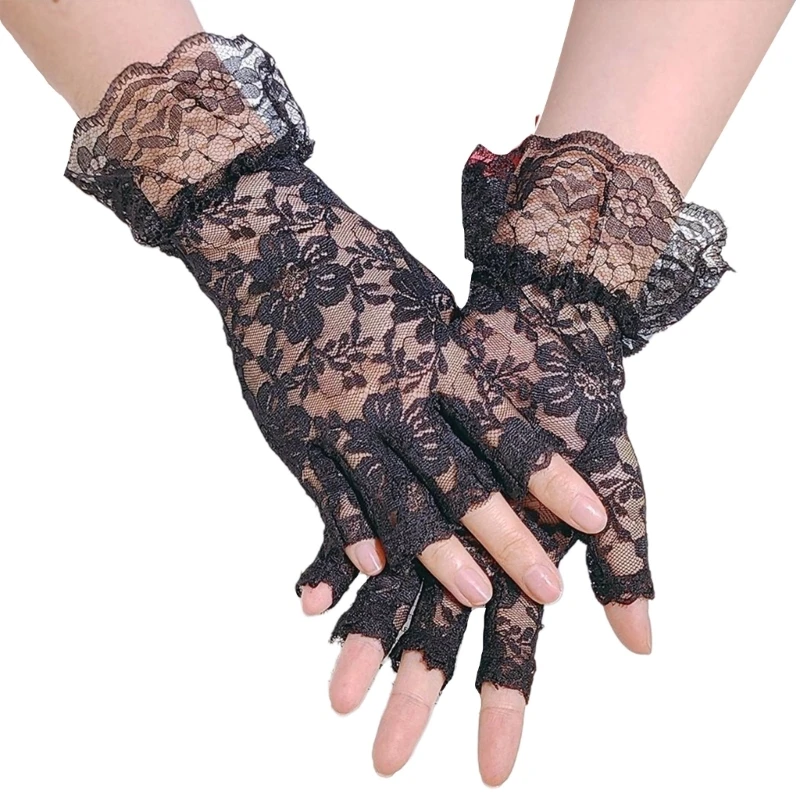 Lace Floral Decors Gloves Elastic Half Fingers Wedding Party Gloves for Girls