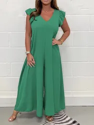 Ruffled Wide-leg Trousers Solid Casual Jumpsuit For Women Elegant Work Clothes Summer Sleeveless V Neck Loose Jumpsuits Female