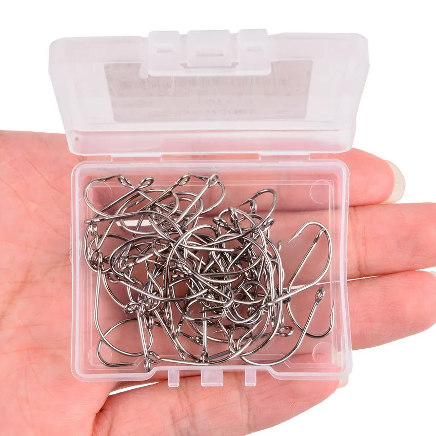 50pcs/box Barb Hook Fishing Hooks Big Ring Carbon Steel Single Hooks Tackle Box Worm Spoon Jig Hooks With Big Eyes Fishhook