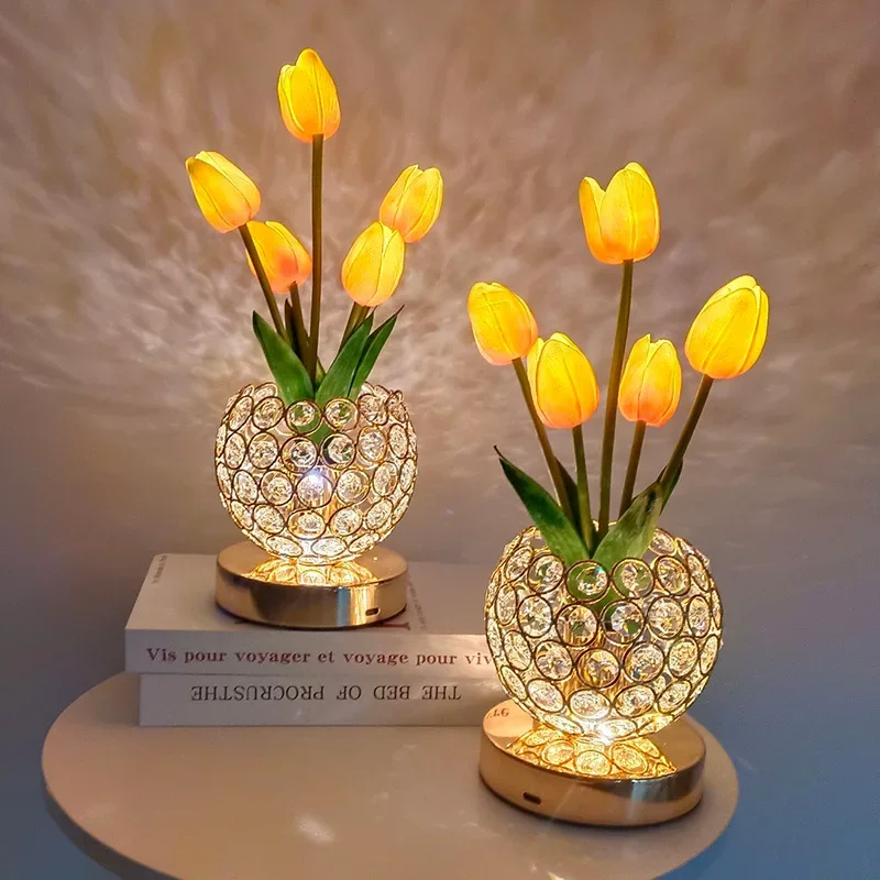 LED Tulip Nightlight Bedhead Simulation Flower Pot Ornament Crystal Atmosphere Light Creative Decorative Desk Lamp