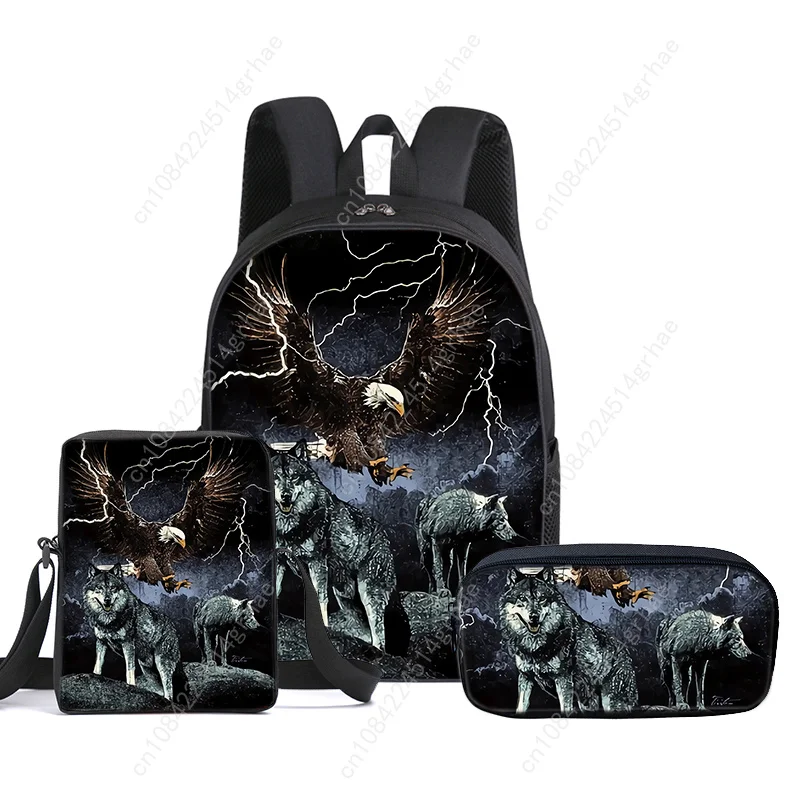 Wolf 3 Buah/Set Ransel Anak dengan Tas Kurir, Tas Pensil, Tas Sekolah untuk Anak Laki-laki/Perempuan Hadiah Terbaik Tas Sekolah Siswa Kartun 2D