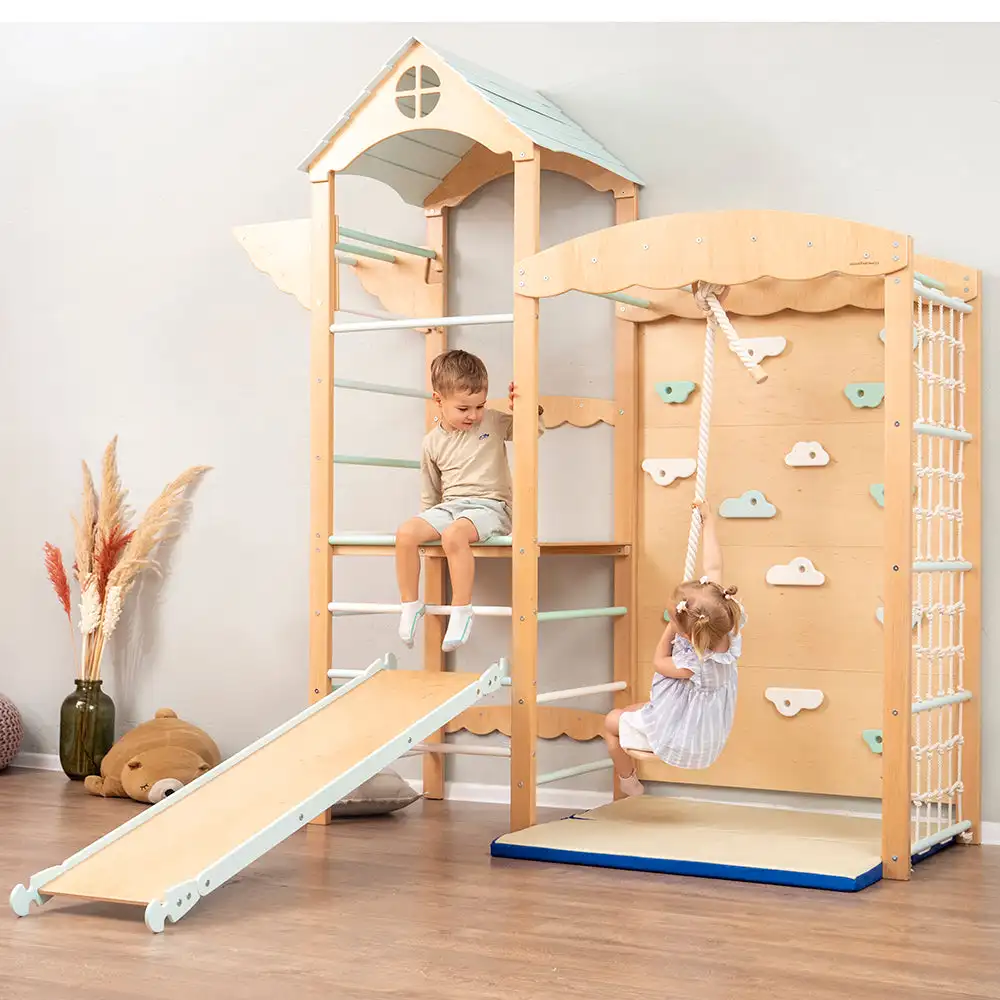 Estructura de escalada infantil de madera para interiores con tobogán y columpio, juego de parque infantil para interiores