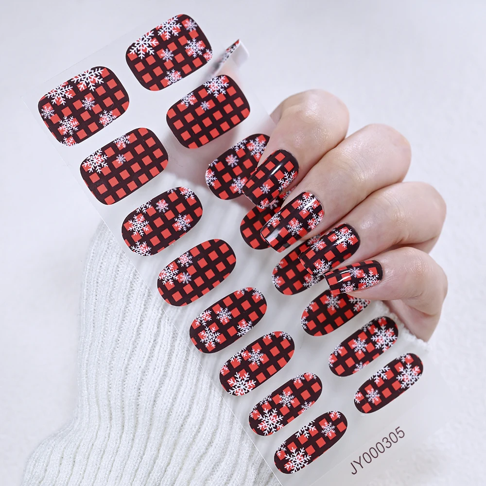16Tips Christmas Series Nail Polish Stickers Black&Red Grids White Snowflakes Design Gel Nail Wrap Full Cover Xmas Nails Decals