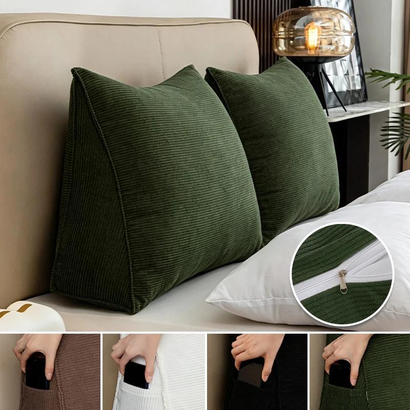 Ergonomic Wedge Reading Pillow Corduroy Triangular Headboard Backrest Cushion High‑Resilience PP Cotton Filled for Sofa Bed Use