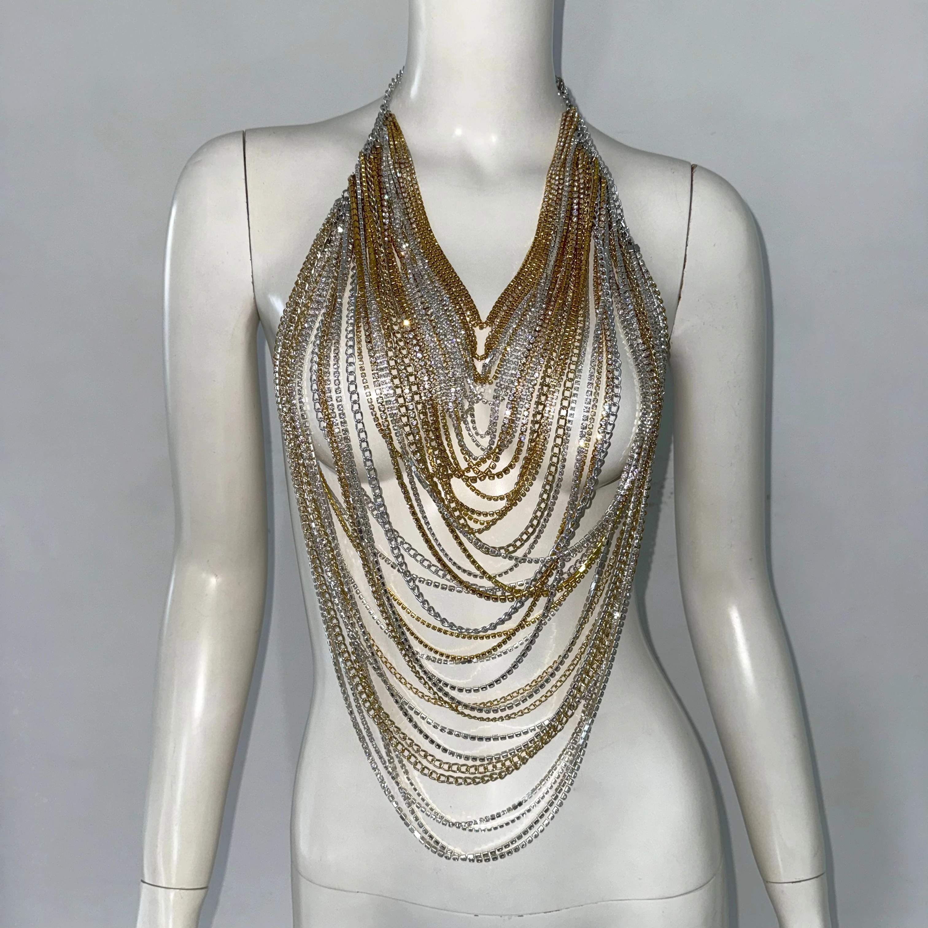 

Summer Backless Round Neck Sleeveless Camisole Women Luxury Shiny Rhinestone Metal Tassel Chain Tank Top Rave Festival Crop Top