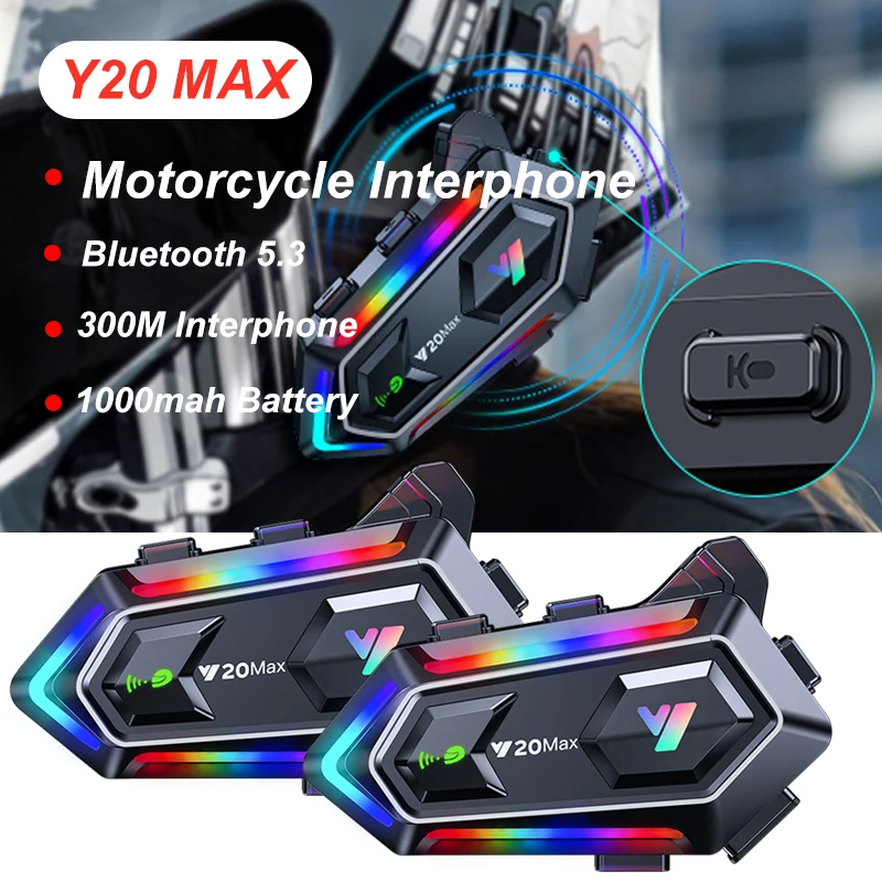 Intercomunicador para casco de motocicleta Y20 MAX, estéreo, Bluetooth 5,3, llamada manos libres, 1000mAh, para 2 conductores, Intercomunicador para Moto