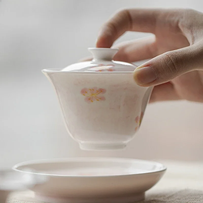 1Pc 100ML Japanese Hand-painted Cherry Blossom Cover Bowl Smudged Pink Cute Tea Bowl Jade Mud Tea Cover Bowl Kung Fu TeaSet Gift