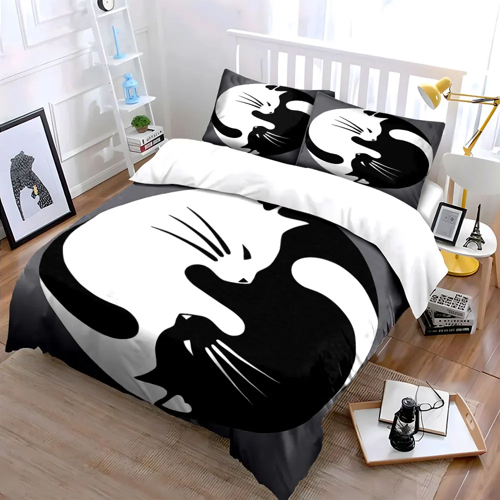 Yin Yang Cat Decor Set Soft Skin-Friendly Bedding Set Includes 1 Duvet Cover And 2 Pillowcase, Gift