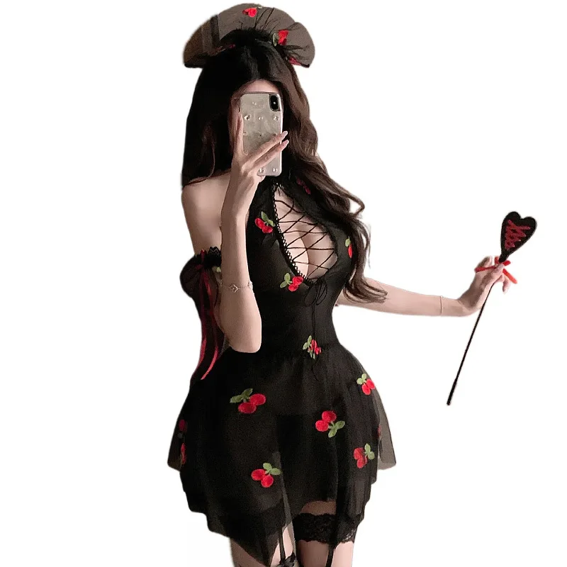 

Sexy Dress With Hollow-out Design Cherry Print Maid Dress Hot And Slim-fitting Halter Neck Dress Sleepwear Pure Desire IWA1