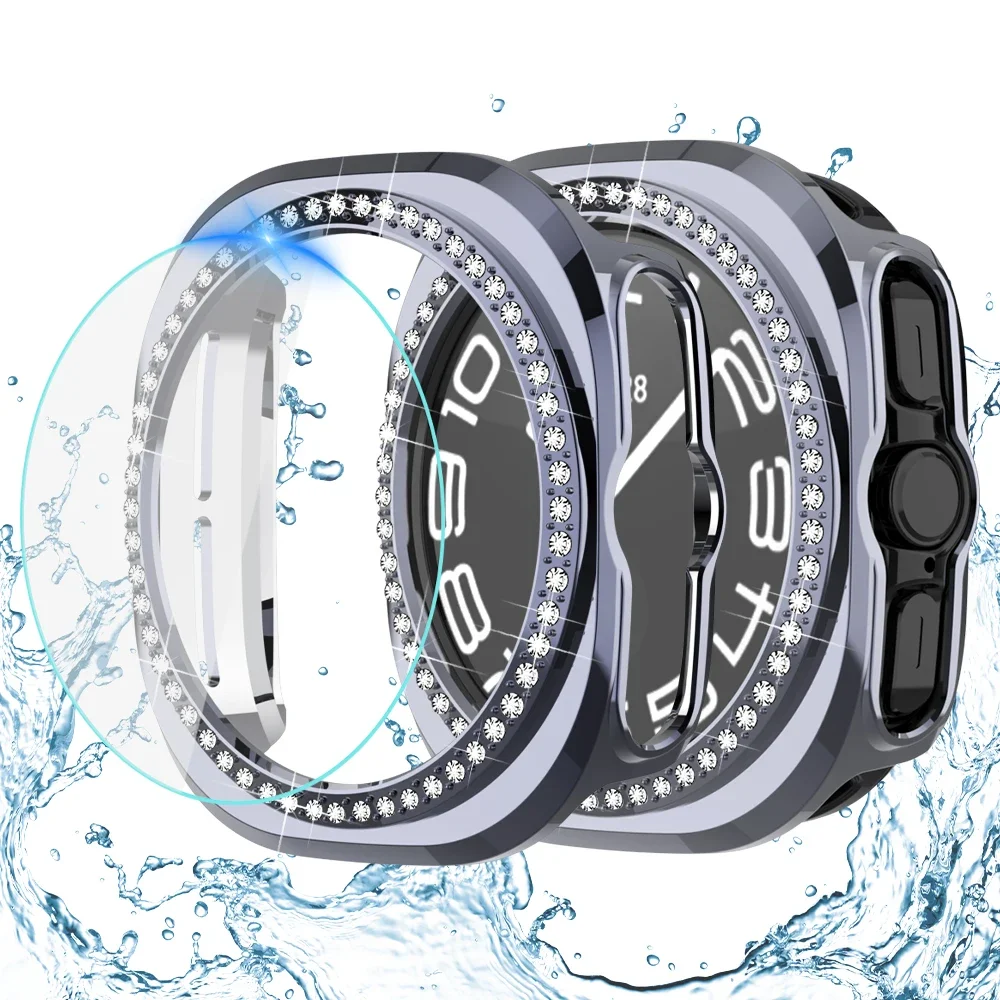 Diamond Case+Glass for Samsung Galaxy Watch 7 Ultra 47mm Bling PC Bumper Cover Screen Protector Film for Galaxy Watch 7Ultra
