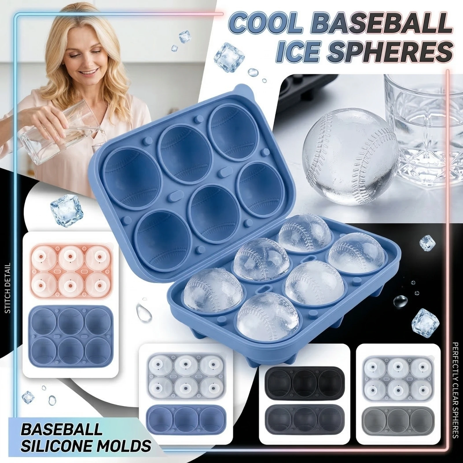 Molde de Silicone em Formato de Bola de Beisebol para Cubos de Gelo, Ferramenta Criativa de Cozinha, Criador de Esferas de Gelo para Casa, Bar, Festa, Design Divertido, Acessório de Bar