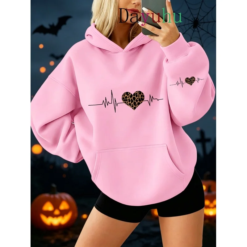 Trendy Oversized Pullover Hoodie Halloween Leopard Heartbeat Ecg Print Autumn Winter Street Wear Daily Lounge Wear